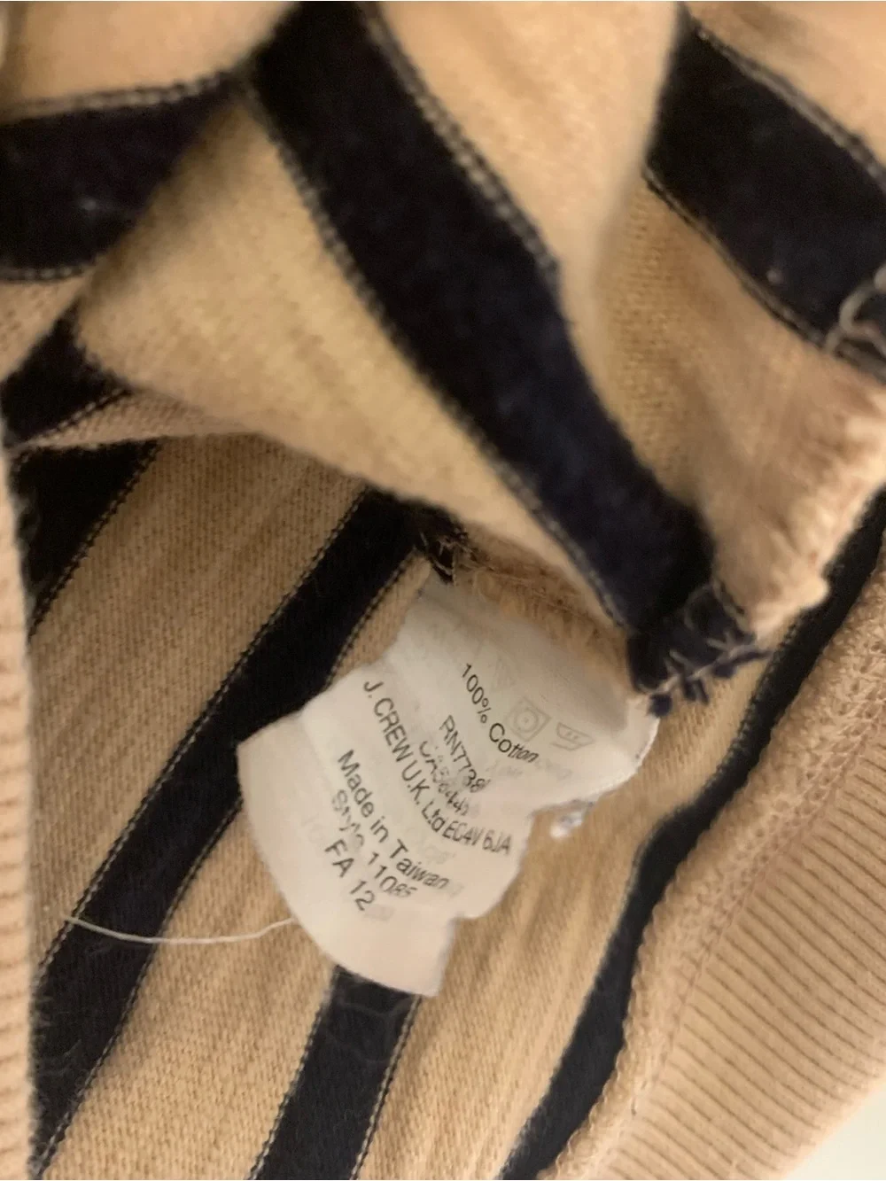 J. Crew — 100% cotton natural fiber tan and navy striped lightweight hoodie